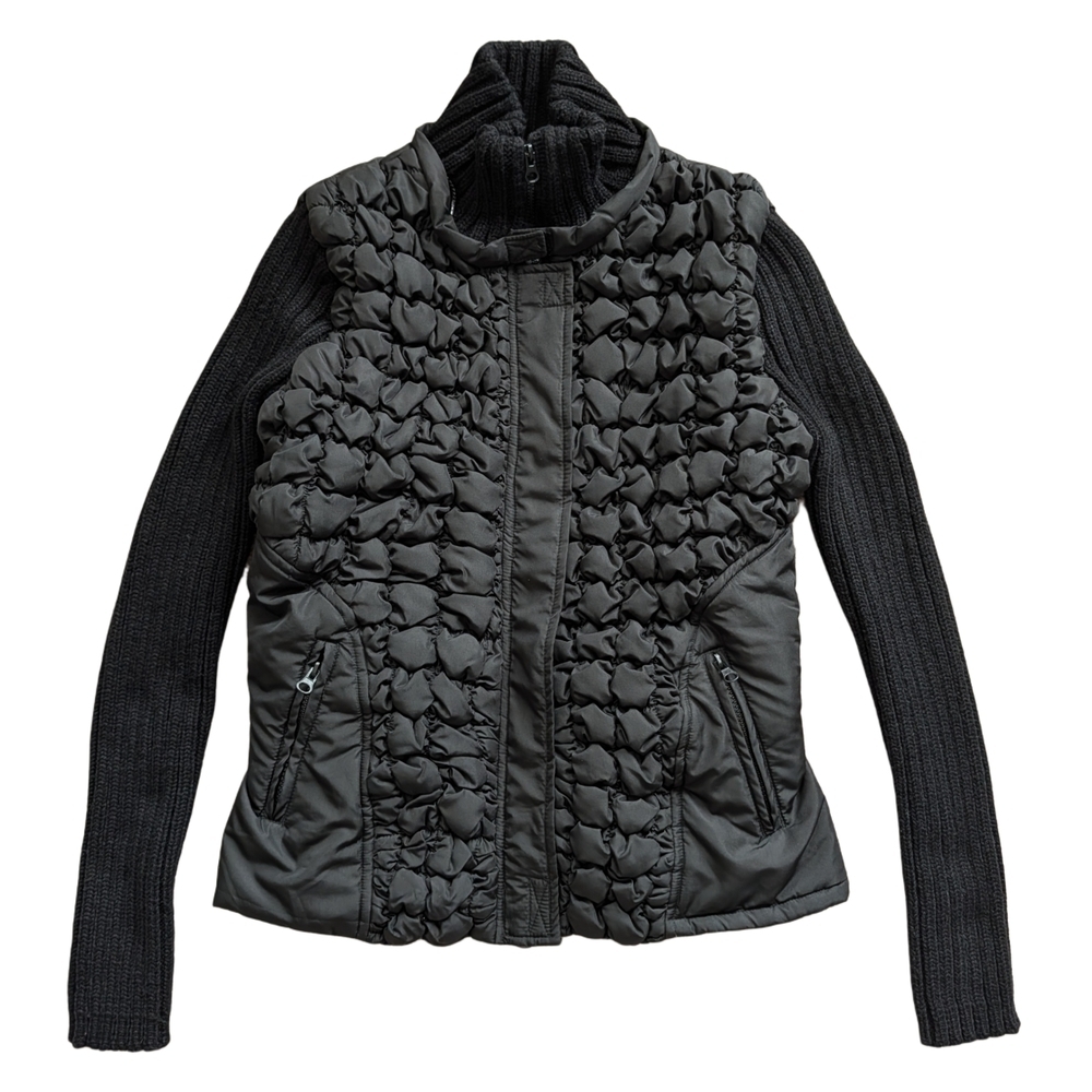 CLK Black Mixed Media Quilted Cinch Waist Front Knit Sleeve Jacket Size S/M